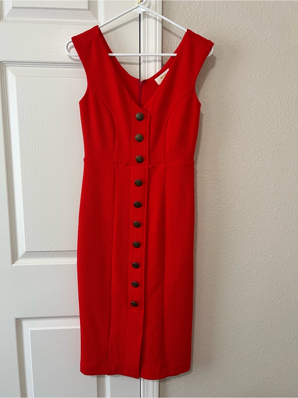 Maeve Anthropologie Red Textured Midi Dress Faux Button Front XS